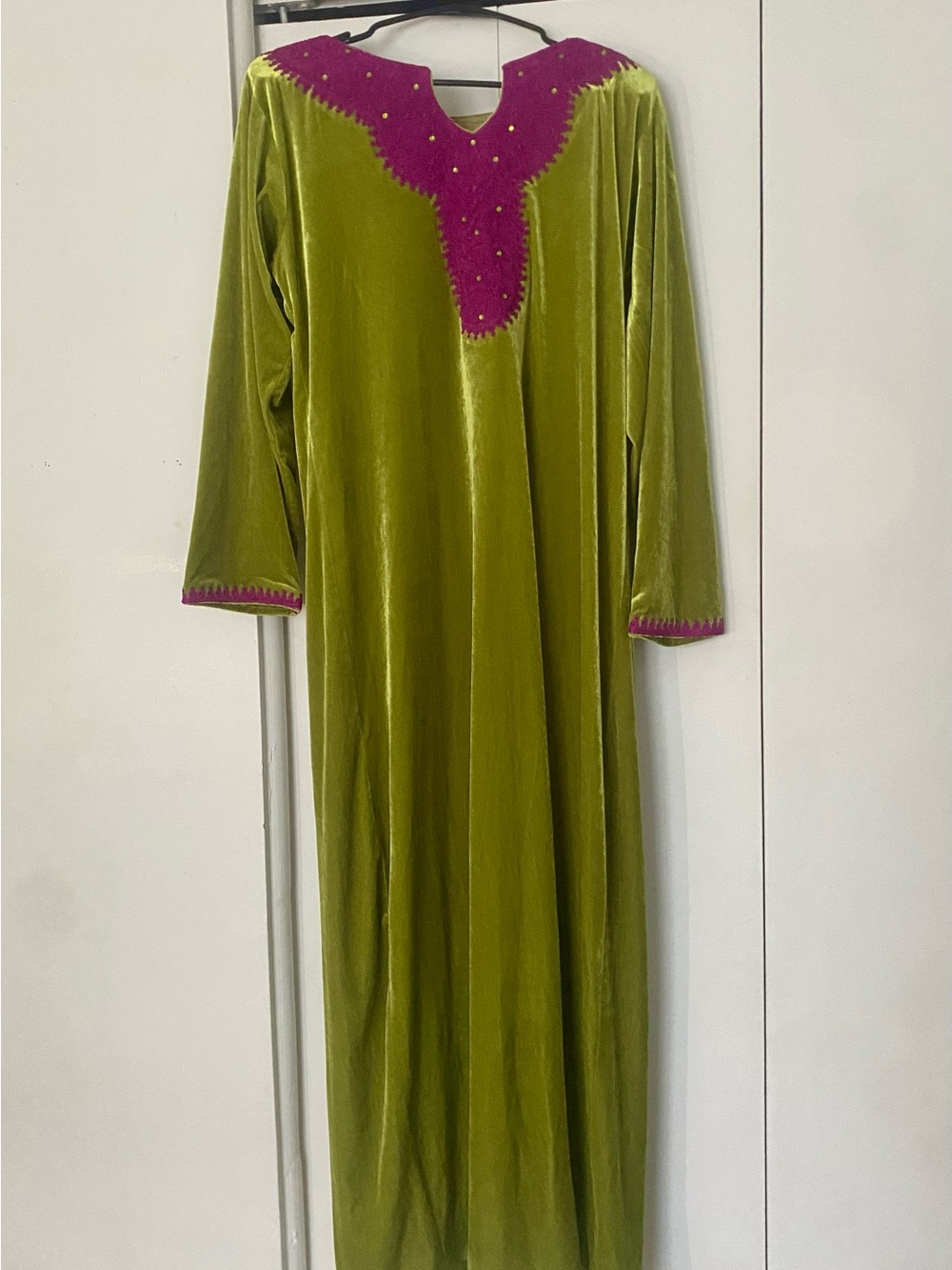 Olive Green Velvet Maxi Dress with Magenta Trim